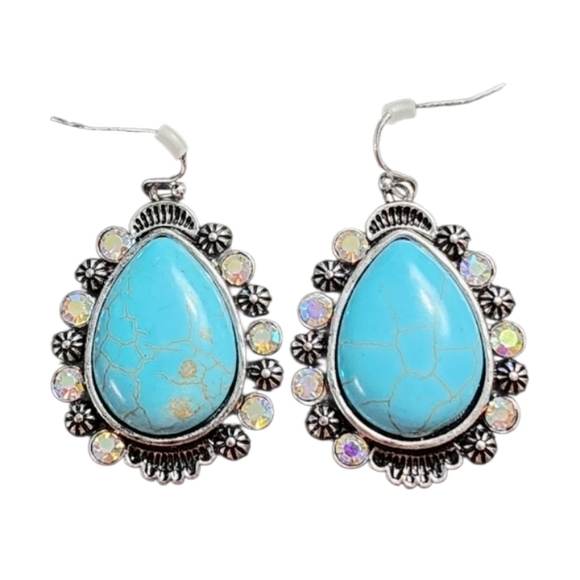 Jewelry - Turquoise and Silver Teardrop Earrings with Iridescent Crystals